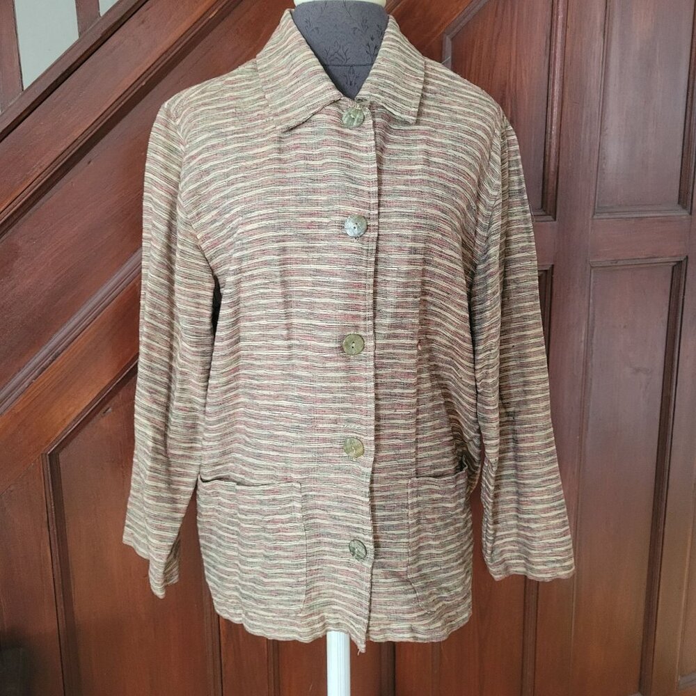 Vintage Chicos Striped Cotton & Linen Button Jacket shacket